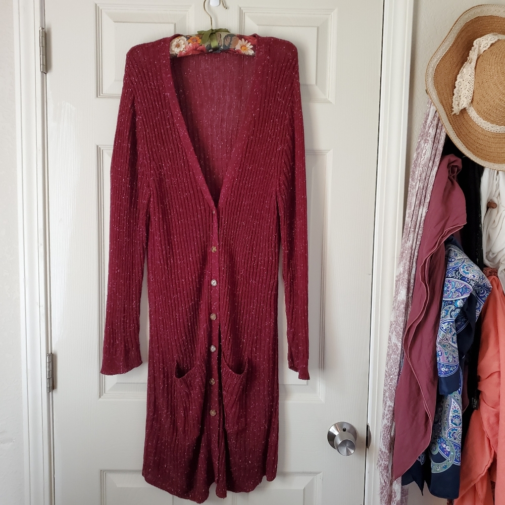JW style Maroon Ribbed Cardigan Duster w/ Pockets